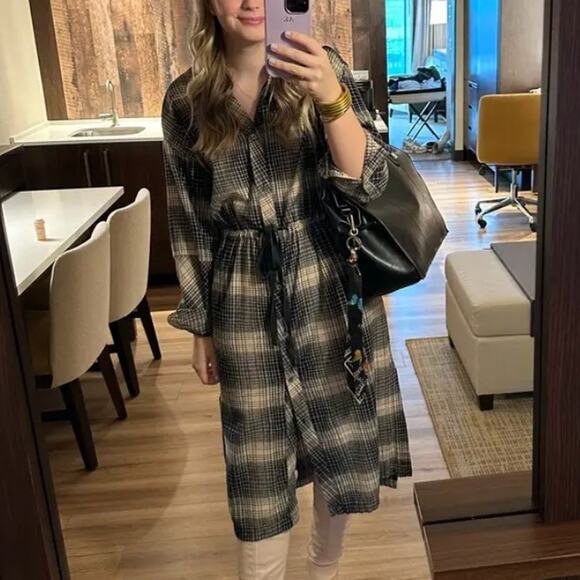 Joie Gray Plaid Blouson Shirt Dress MEDIUM Flannel Cotton Western Designer $300 - Picture 4 of 13